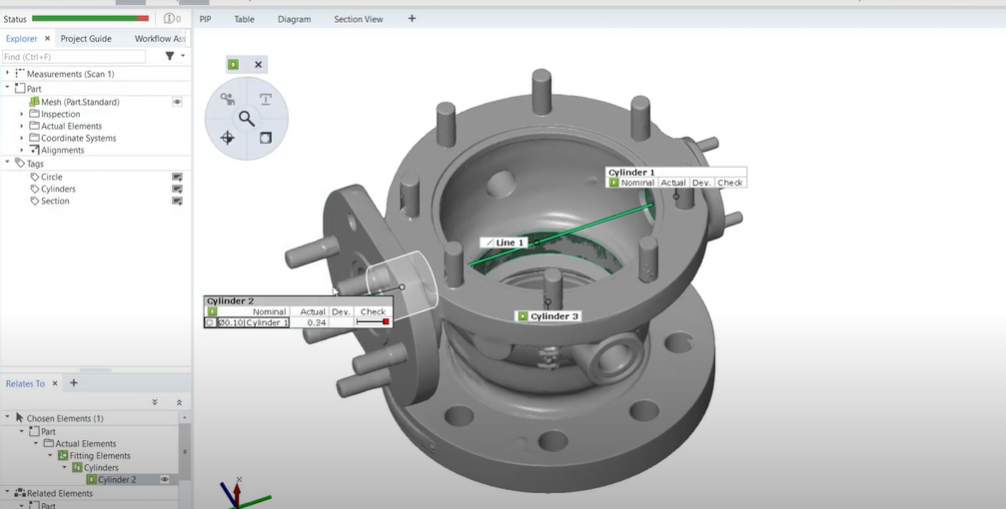 Closing valve being evaluated in ZEISS INSPECT software