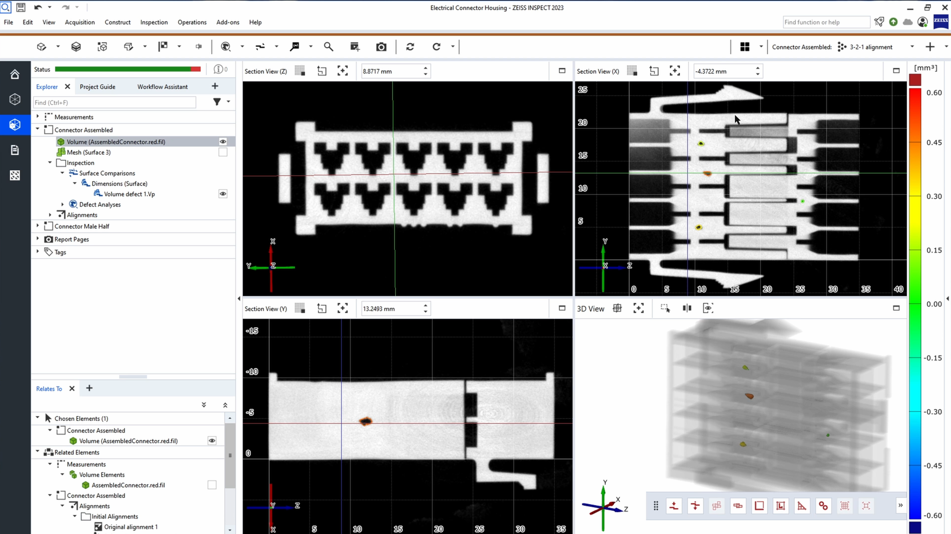 Software screen with several volume inspections showing