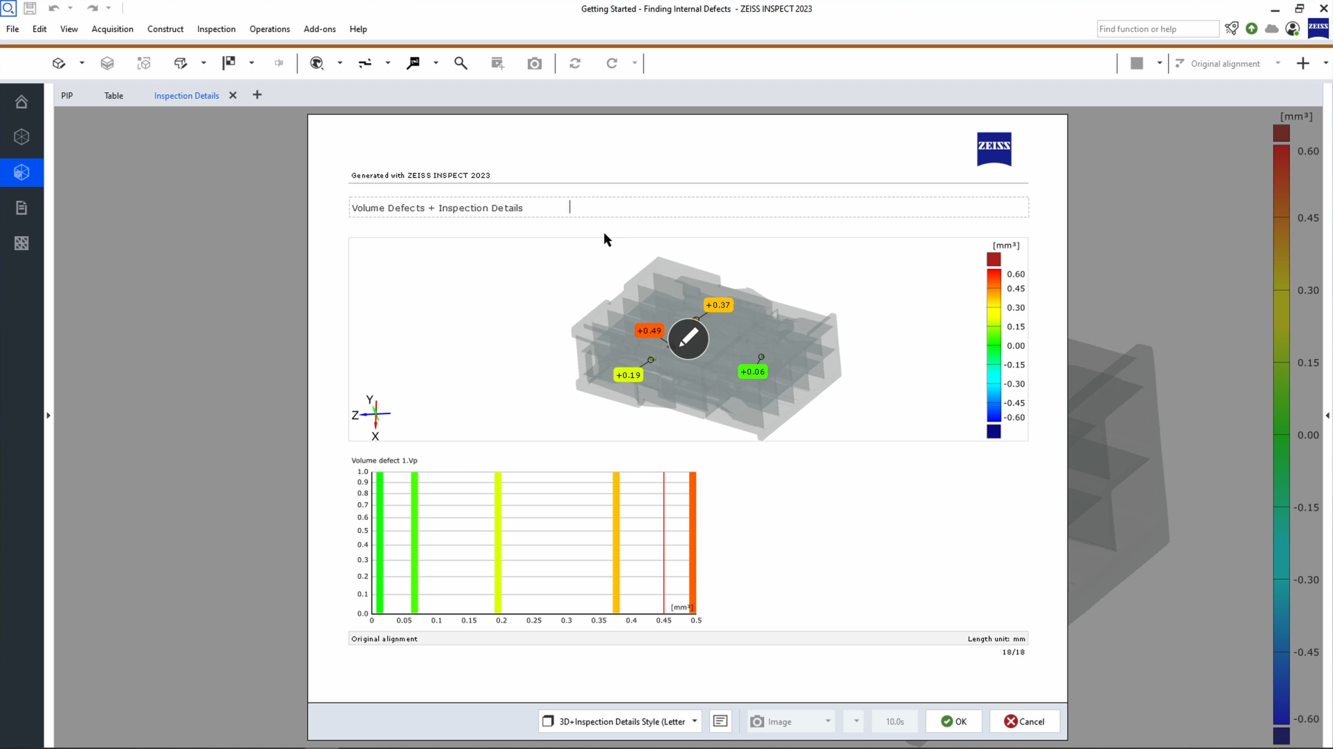 Inspection report of a plastic part showing volume defects